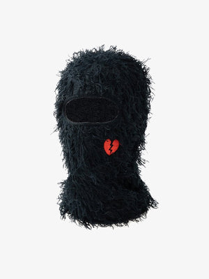 Pasamontañas de punto peludo bordado – negro con corazón roto rojo, vista frontal | XoKool