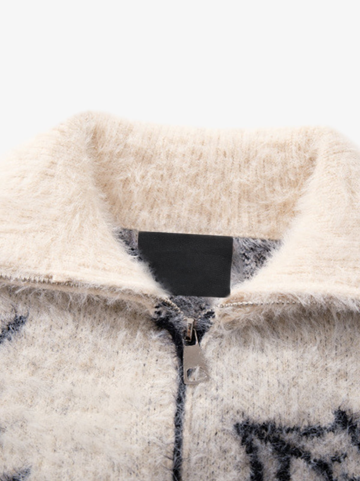 Fuzzy Gothic Jacquard Zip Up Cardigan – Cream, open collar close-up | XoKool