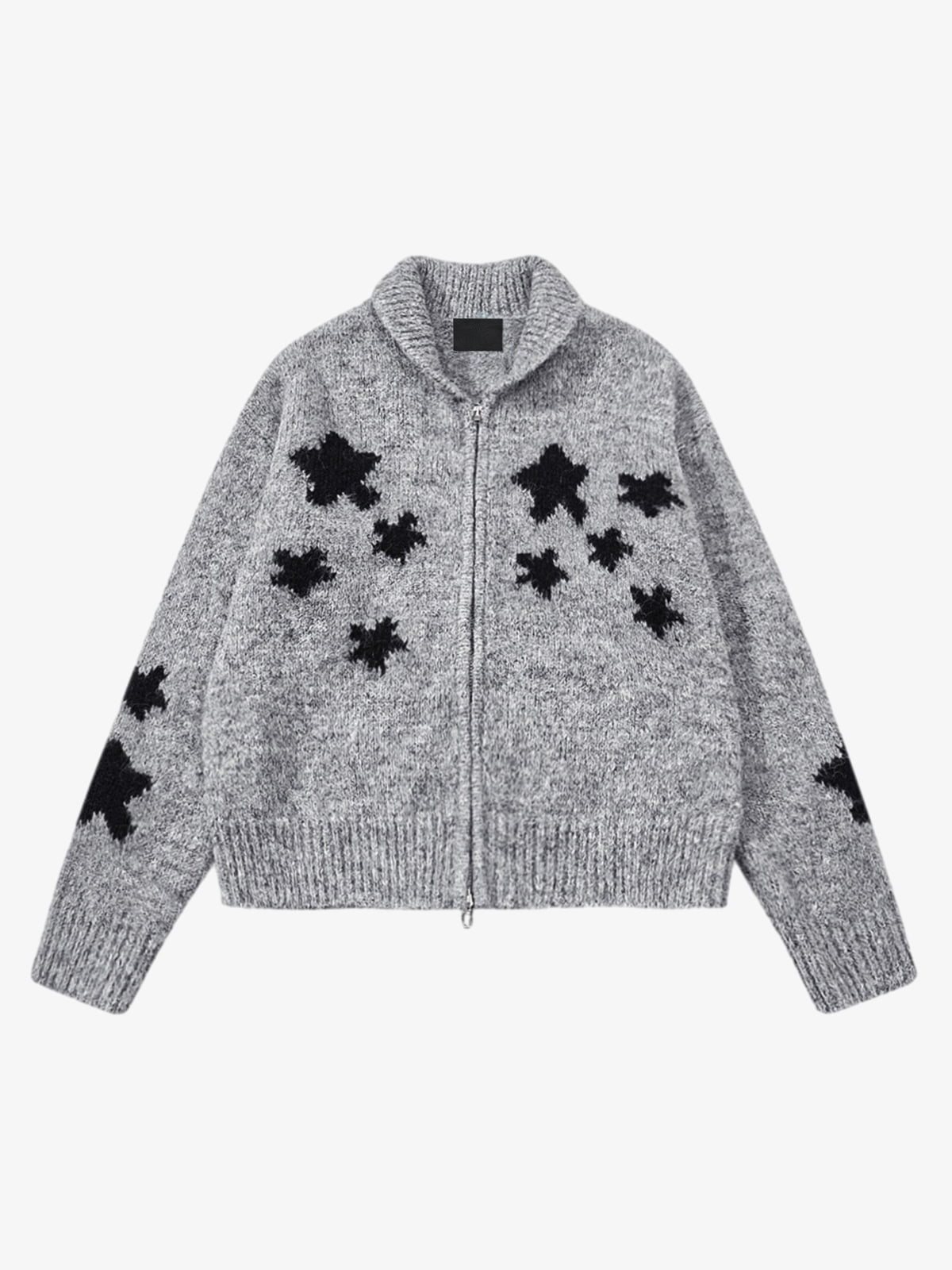 Fuzzy Star Jacquard Double Zip Cardigan – Gray, front view | XoKool