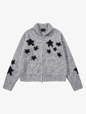 Fuzzy Star Jacquard Double Zip Cardigan – Gray, front view | XoKool