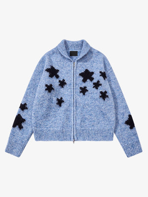 Fuzzy Star Jacquard Double Zip Cardigan – Light Blue, front view | XoKool