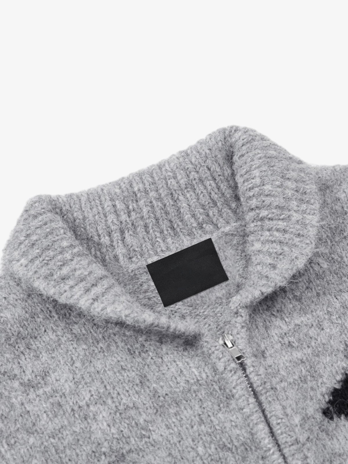 Fuzzy Star Jacquard Double Zip Cardigan – Gray, collar close-up | XoKool