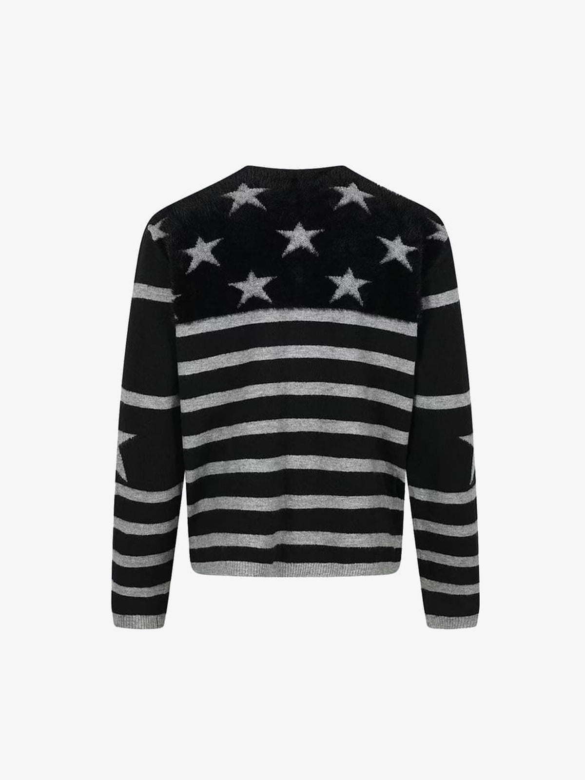 Flauschige gestreifte Strickjacke mit Sternknöpfen – Schwarz/Grau, Rückansicht | XoKool