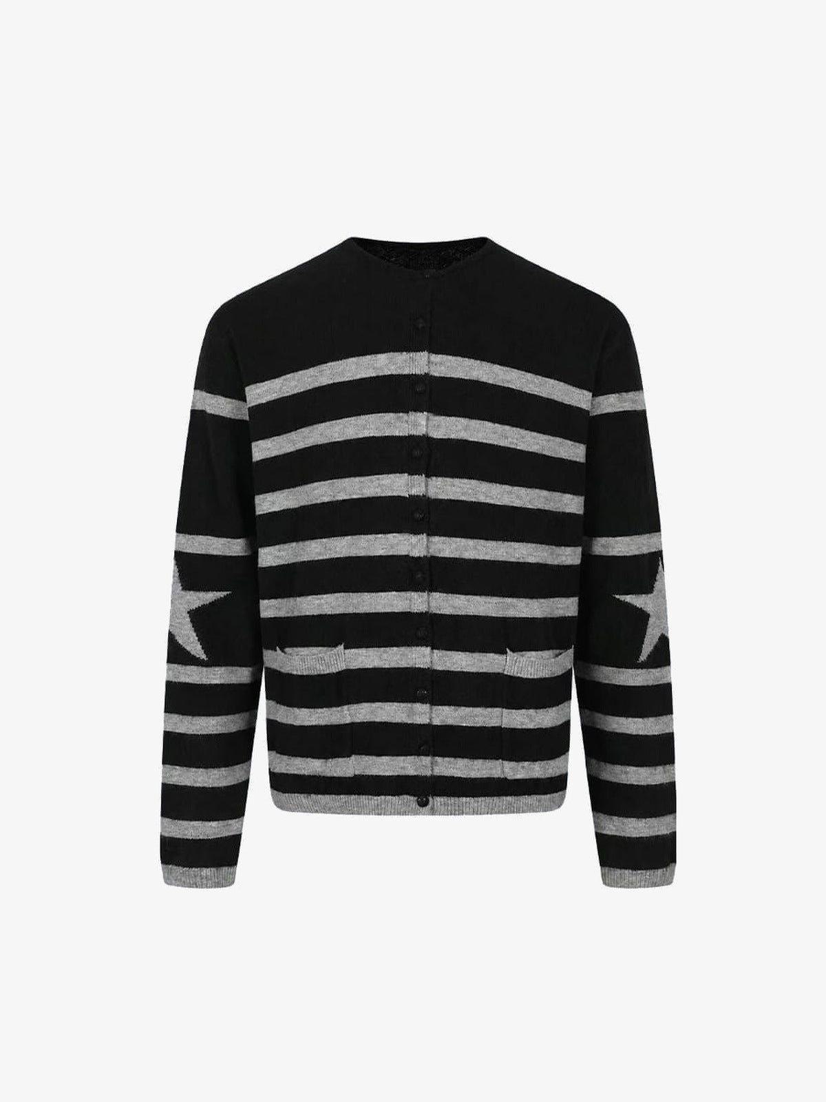 Flauschige gestreifte Strickjacke mit Sternknöpfen – Schwarz/Grau, Vorderansicht | XoKool