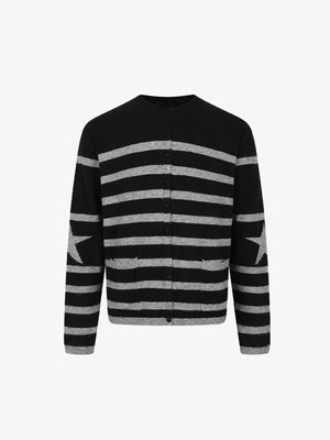 Fuzzy Striped Star Button Cardigan – Black/Grey, front view | XoKool