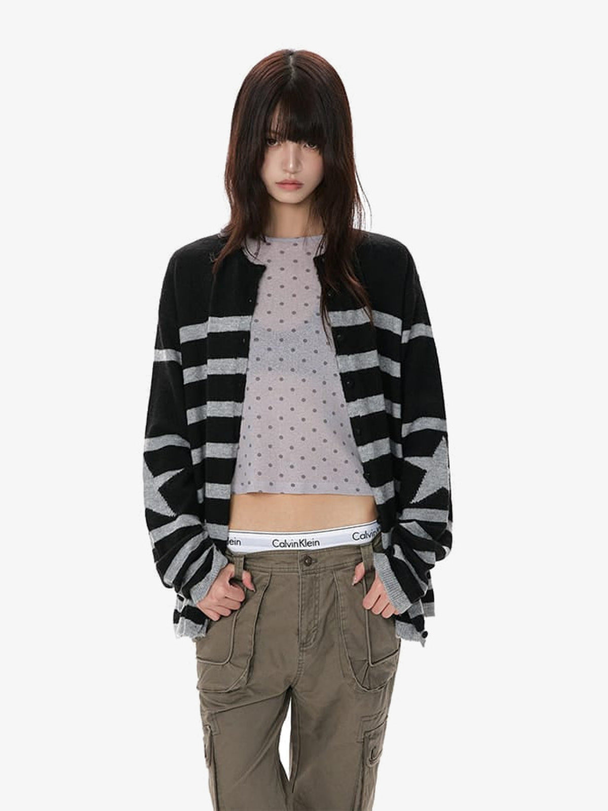 Striped star cardigan – on female model, front open | XoKool