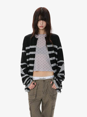 Striped star cardigan – on female model, front open | XoKool