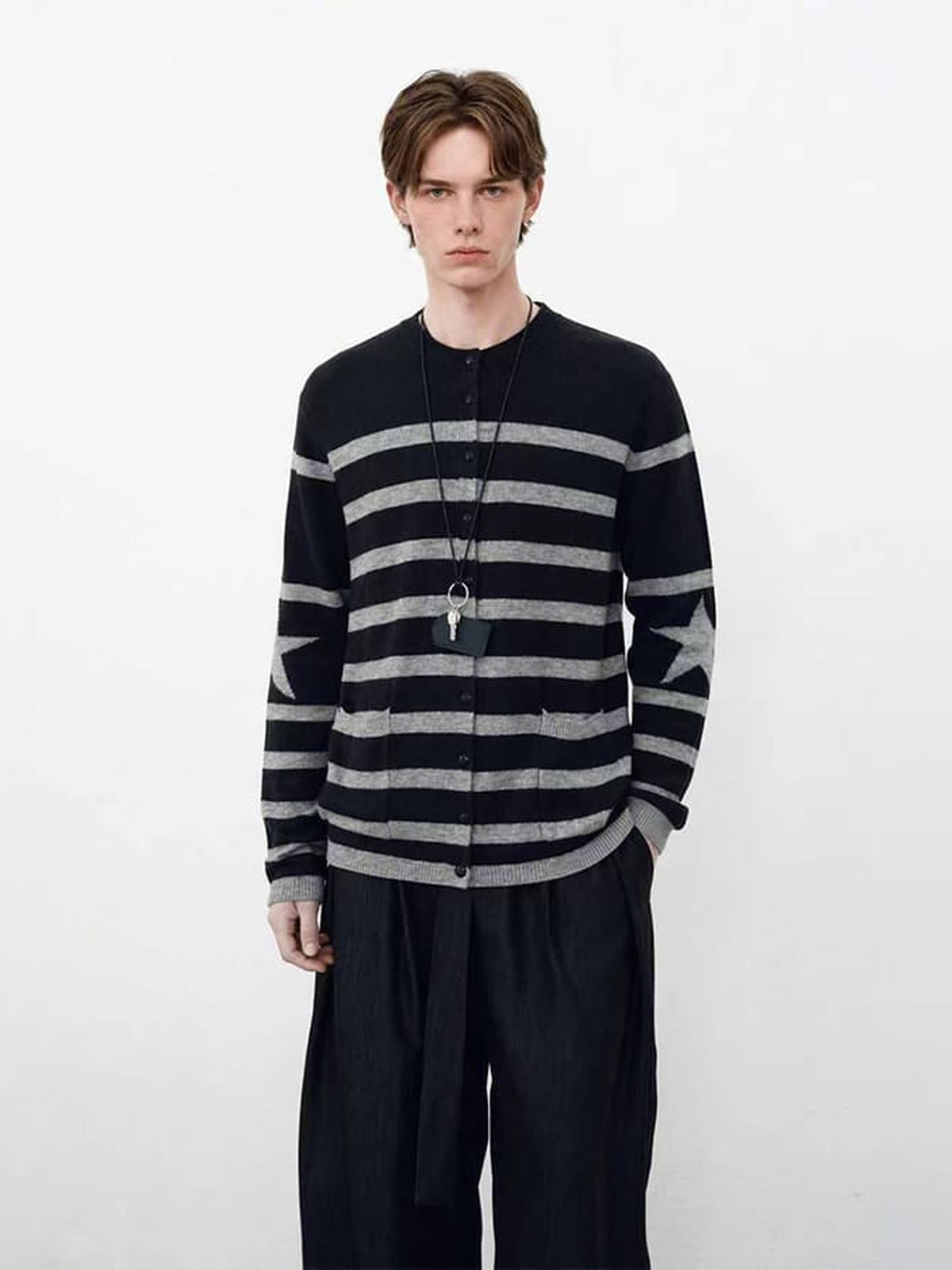 Fuzzy Striped Star Button Cardigan – on model, front | XoKool