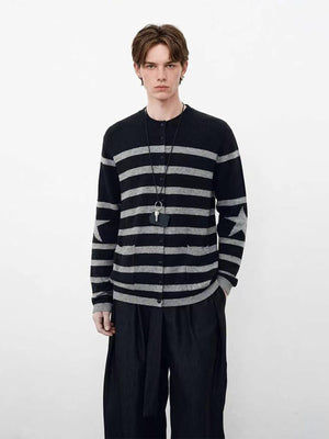 Fuzzy Striped Star Button Cardigan – on model, front | XoKool