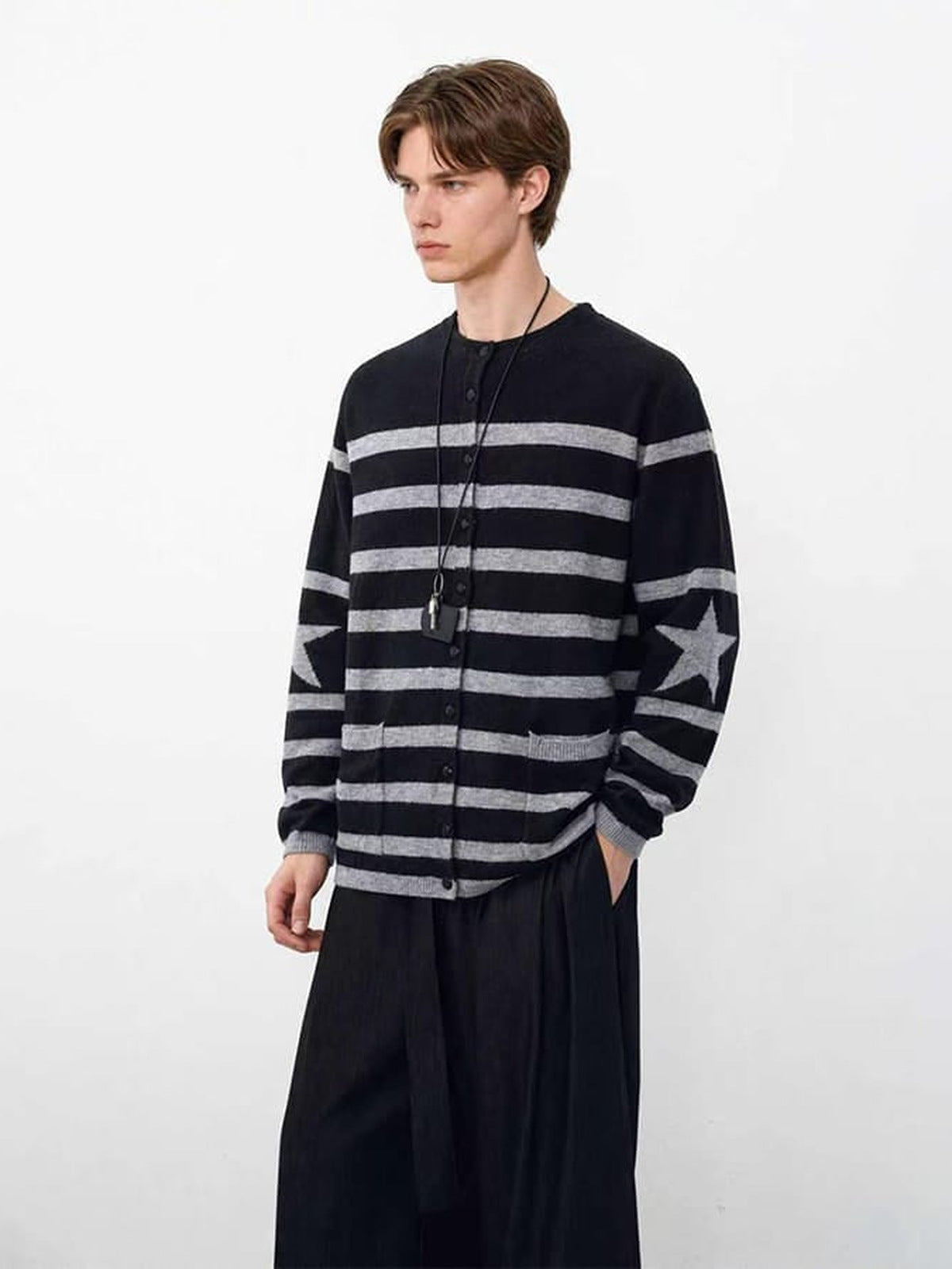 Striped star cardigan – on model, side | XoKool