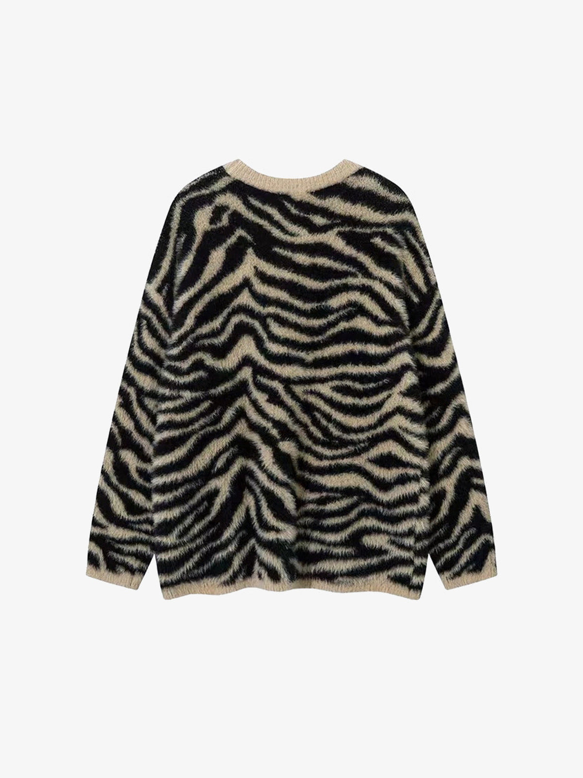 Fuzzy Zebra Print Crewneck Sweater – Beige Zebra, back view | XoKool