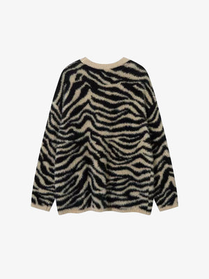 Fuzzy Zebra Print Crewneck Sweater – Beige Zebra, back view | XoKool