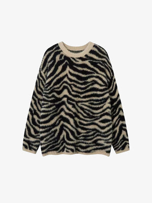 Fuzzy Zebra Print Crewneck Sweater – Beige Zebra, front view | XoKool
