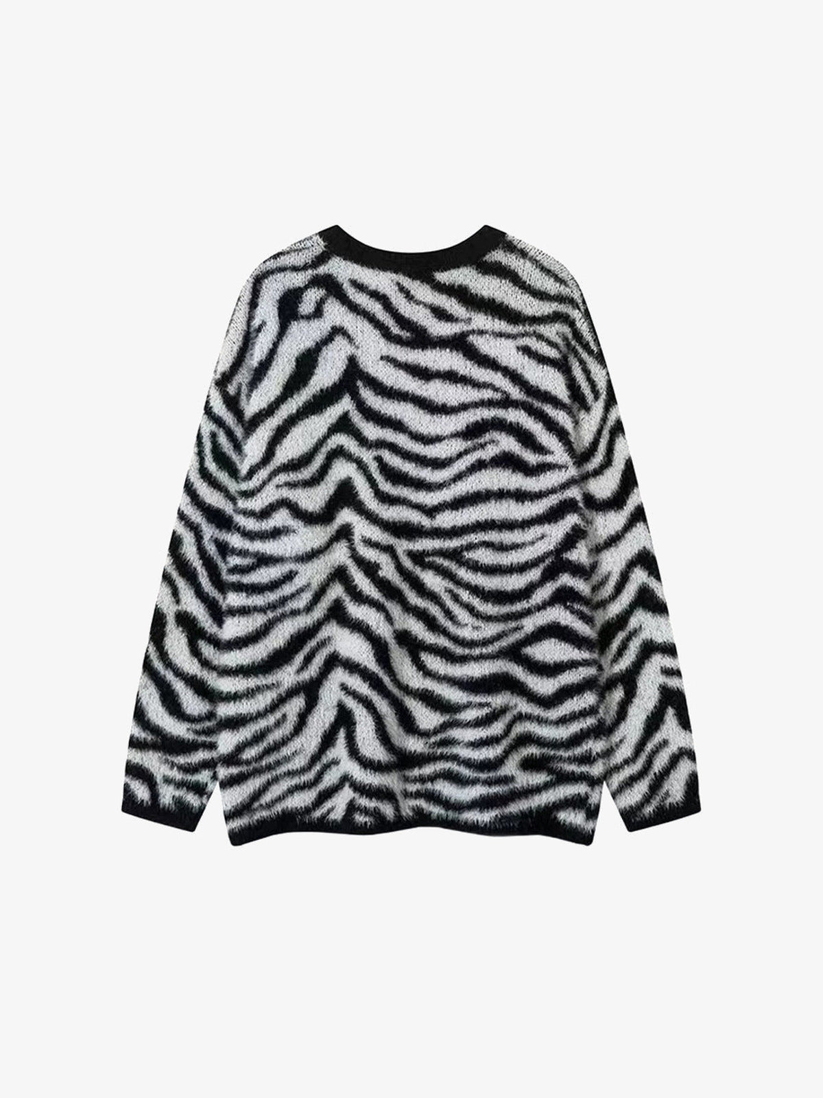 Fuzzy Zebra Print Crewneck Sweater – Black White Zebra, back view | XoKool
