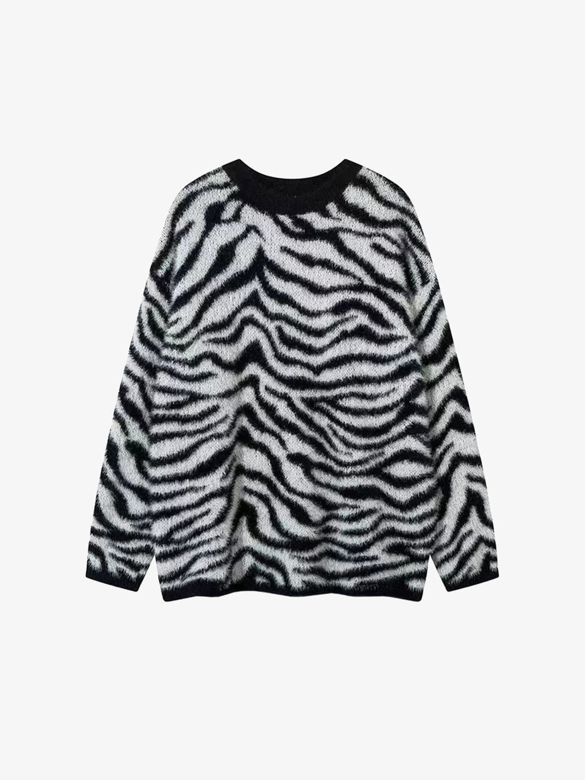 Fuzzy Zebra Print Crewneck Sweater – Black White Zebra, front view | XoKool