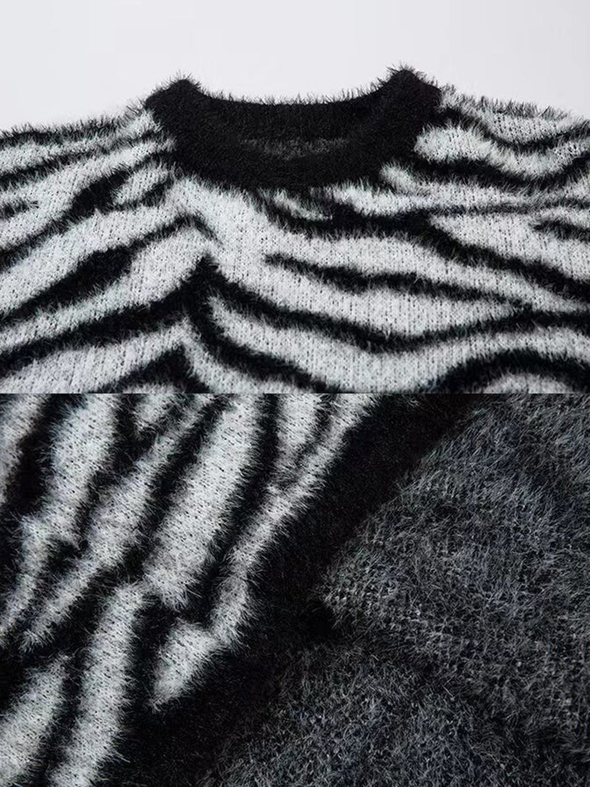 Zebra print sweater – Black White Zebra, neckline and fuzzy texture close-up | XoKool