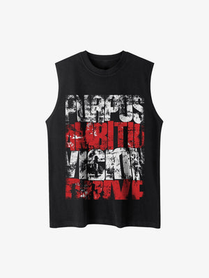 Camiseta sin mangas desgastada (distressed) con palabra motivacional estampada – Negro, vista frontal | XoKool