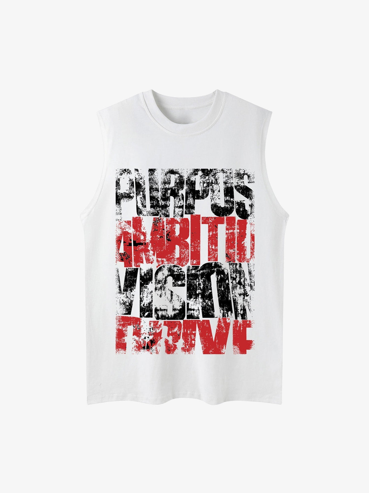 Camiseta sin mangas desgastada (distressed) con palabra motivacional estampada – Blanco, vista frontal | XoKool