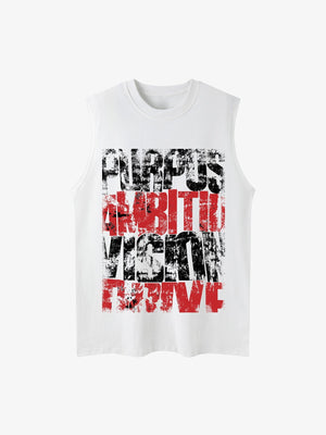 Camiseta sin mangas desgastada (distressed) con palabra motivacional estampada – Blanco, vista frontal | XoKool