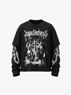 Goth Long Sleeve Shirt with Blackletter Cross Print – Black, front flat | XoKool