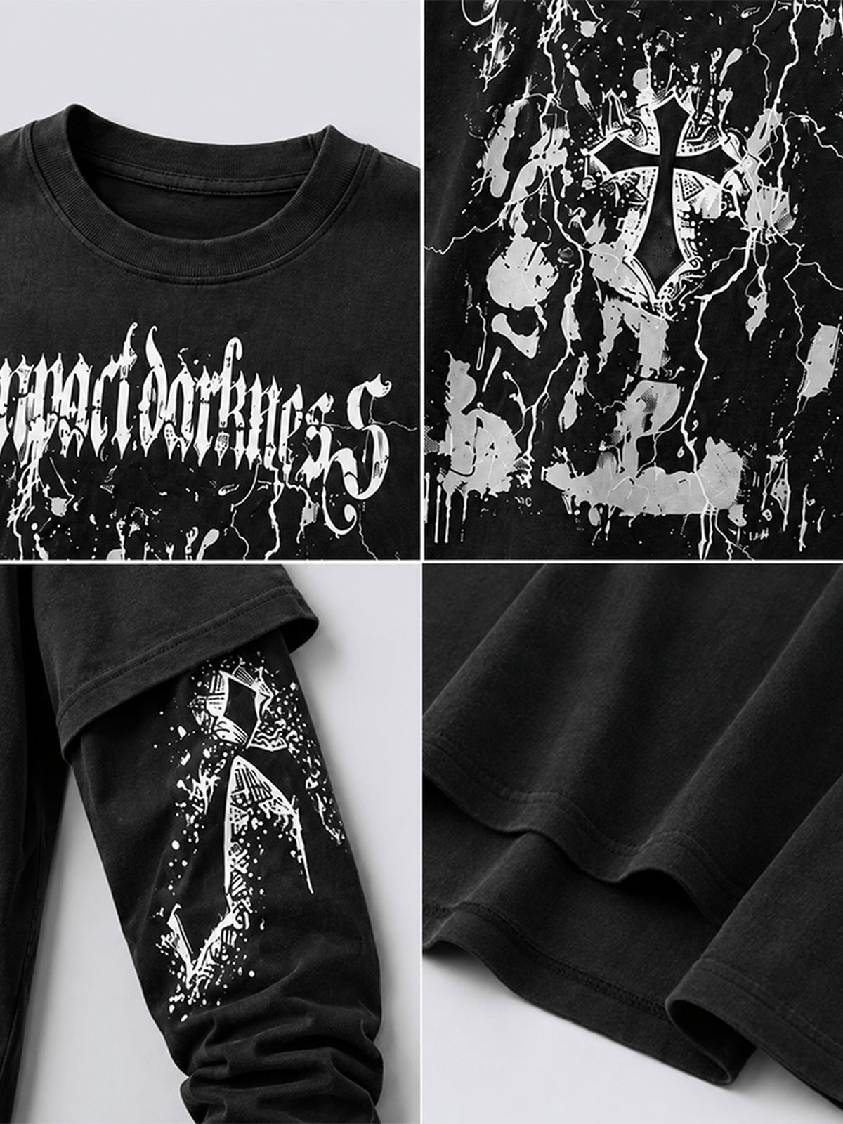 Goth Long Sleeve Shirt with Blackletter Cross Print – print, sleeve and hem close-ups | XoKool