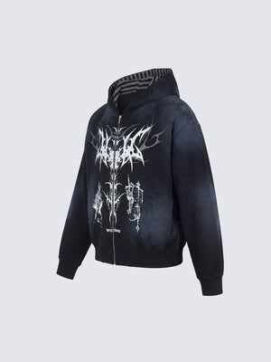 Goth Cropped Zip Hoodie mit Schwert-Print – Schwarz, schräge Vorderansicht | XoKool