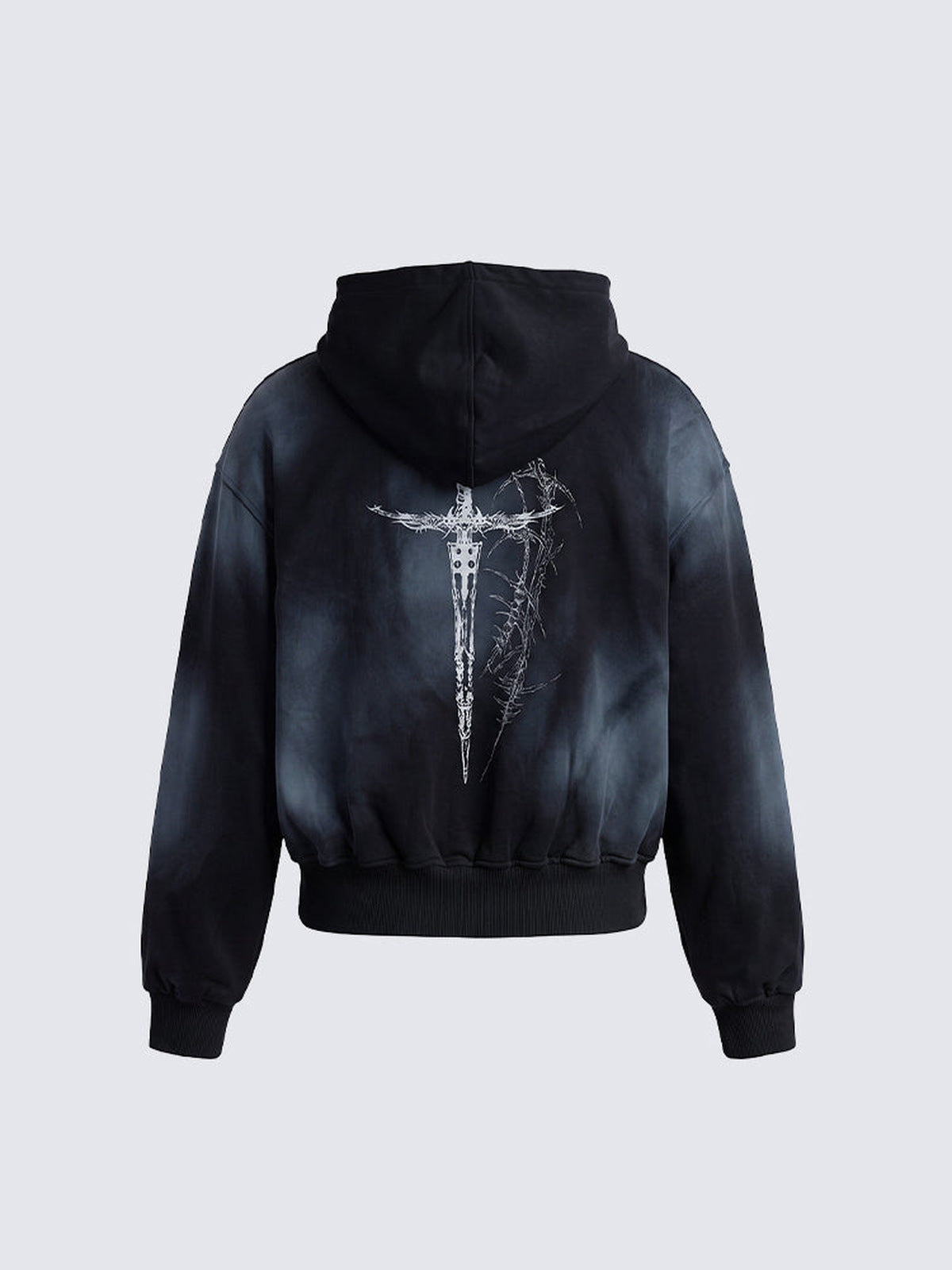 Goth Cropped Zip Hoodie mit Schwert-Print – Schwarz, Rückansicht | XoKool