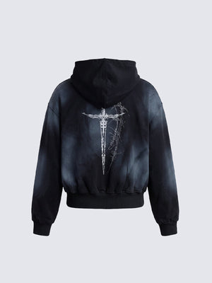 Goth Cropped Zip Hoodie mit Schwert-Print – Schwarz, Rückansicht | XoKool