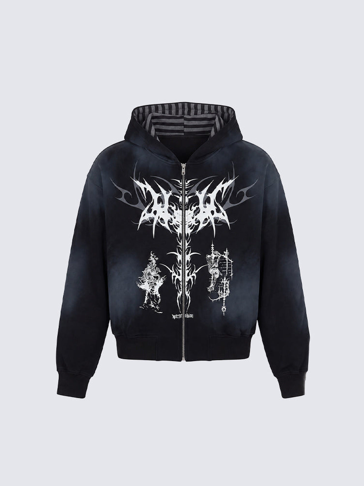 Goth Cropped Zip Hoodie mit Schwert-Print – Schwarz, Vorderansicht | XoKool