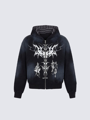 Goth Cropped Zip Hoodie mit Schwert-Print – Schwarz, Vorderansicht | XoKool