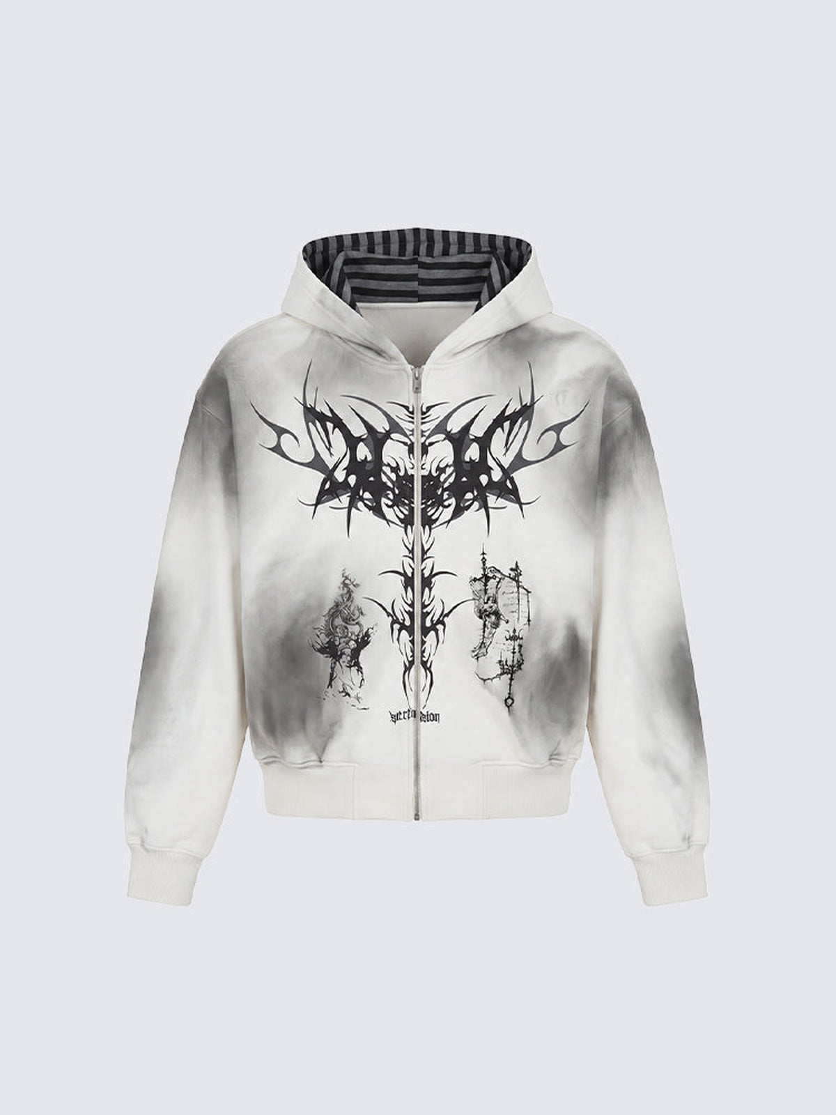 Goth Cropped Zip Hoodie mit Schwert-Print – Weiß, Vorderansicht | XoKool