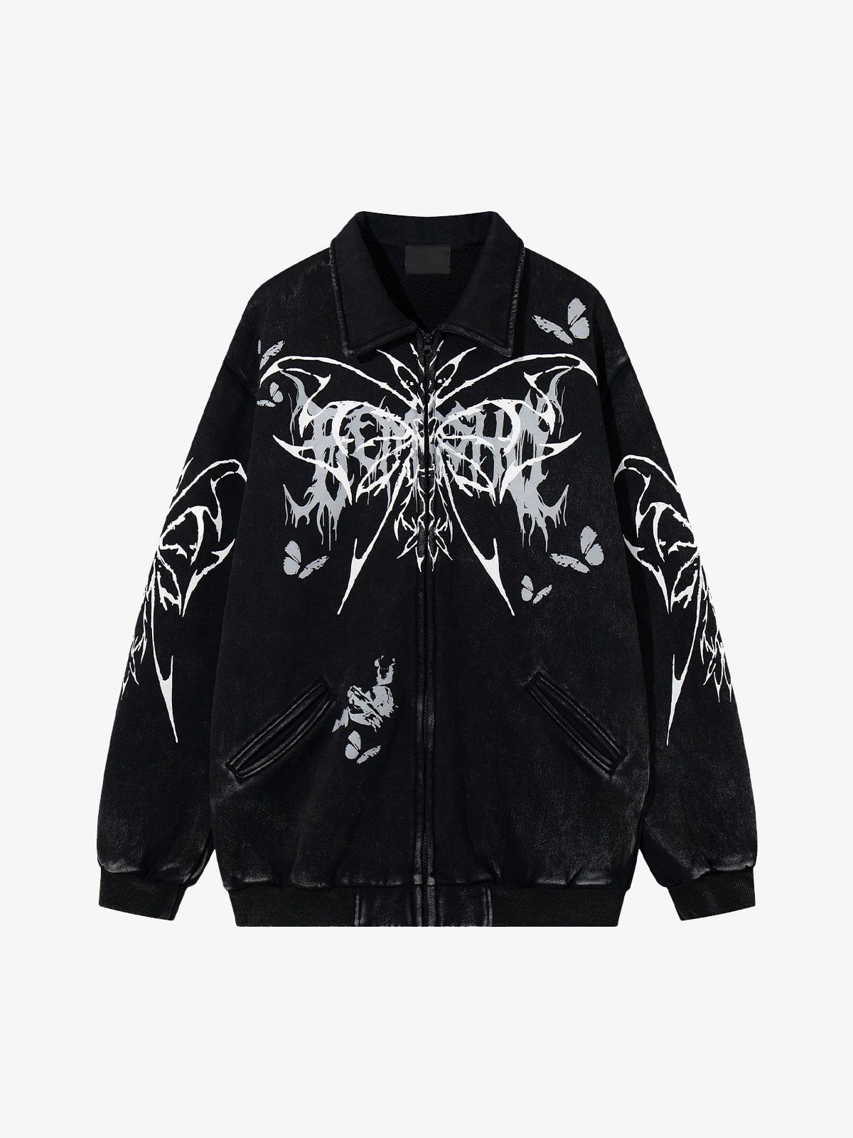 Gothic Butterfly Print Collared Zip-Up Jacket – Black, front view | XoKool