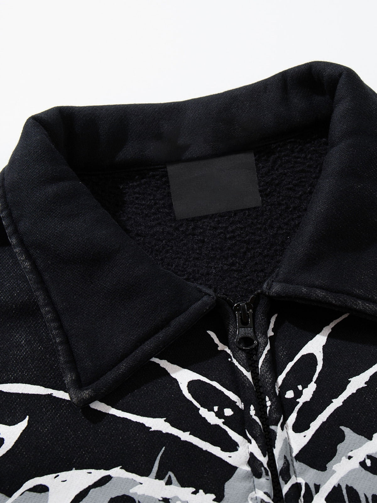 Gothic Butterfly Print Collared Zip-Up Jacket – Black, collar close-up | XoKool