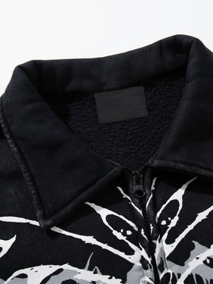 Gothic Butterfly Print Collared Zip-Up Jacket – Black, collar close-up | XoKool