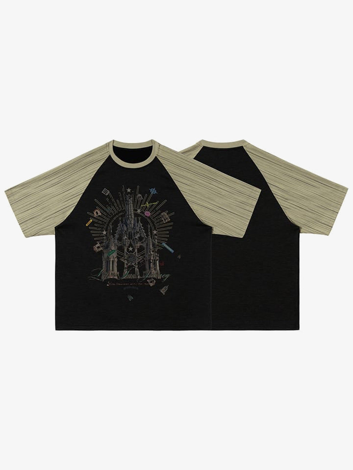 Gothic cathedral raglan tee – front and back flat | XoKool