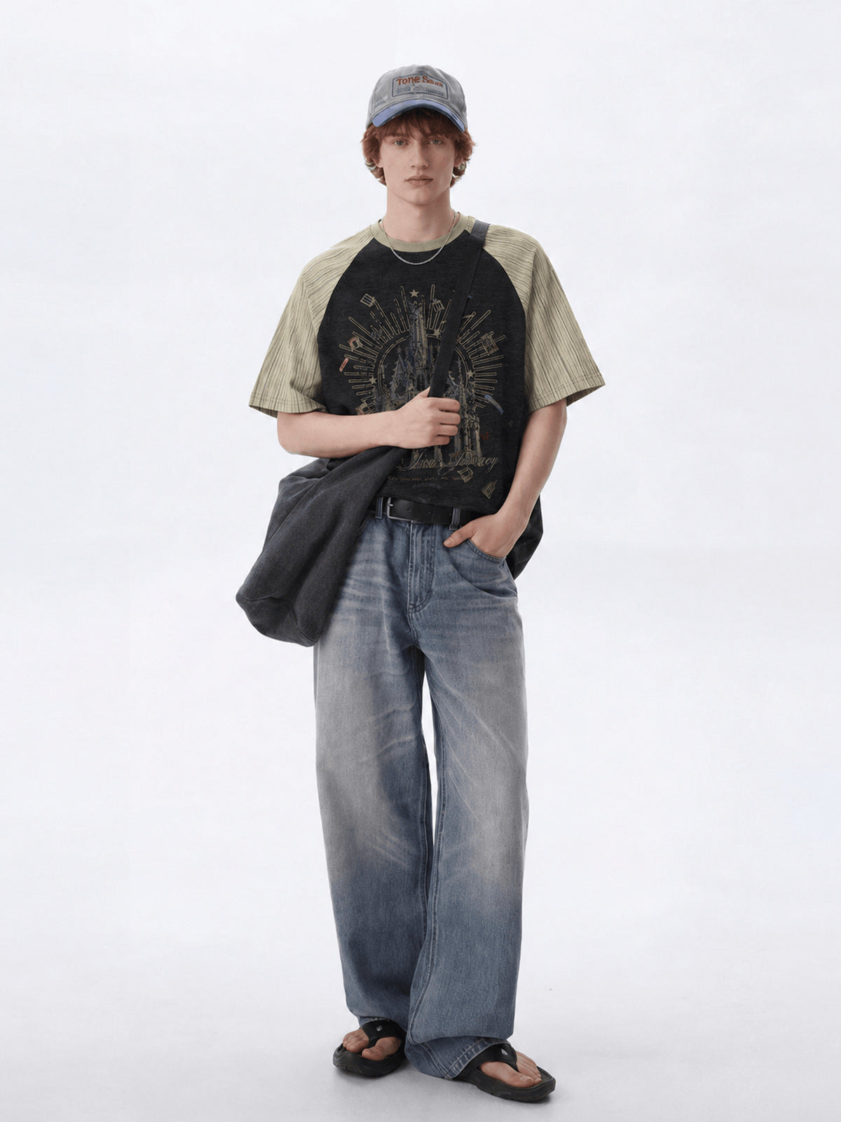 Gothic cathedral raglan tee – on model, full outfit | XoKool