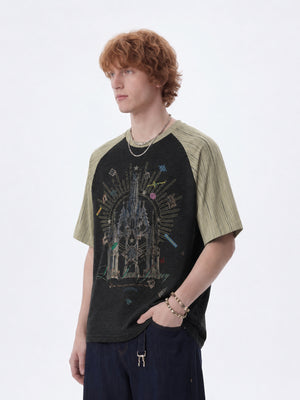 Gothic Cathedral Raglan Tee with Contrast Sleeves – on model, side | XoKool
