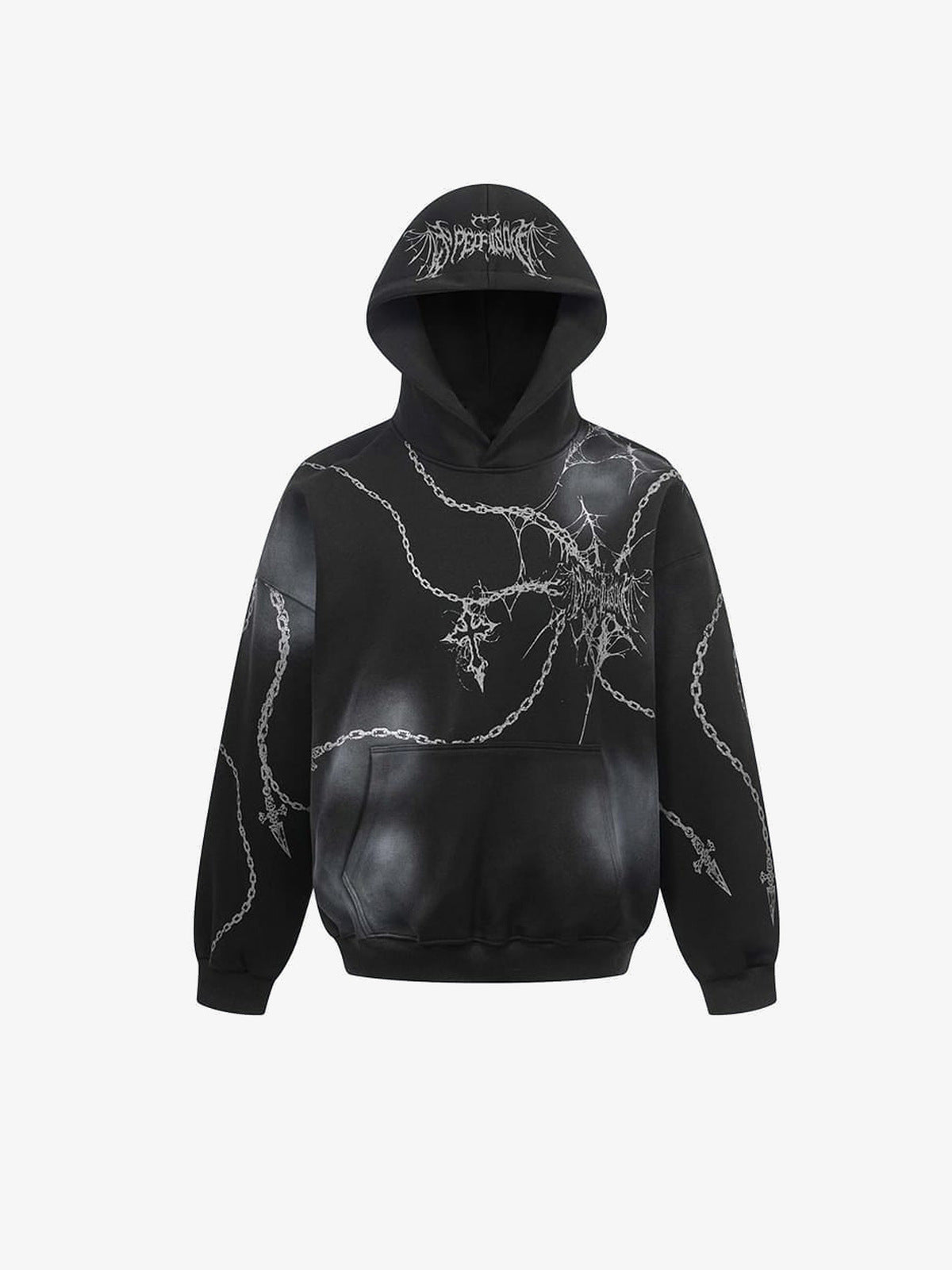 Gothic Hoodie mit Ketten- und Sternprint – Schwarz, Vorderansicht | XoKool