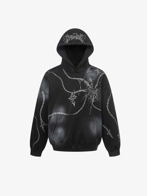 Gothic Chain and Star Print Hoodie – Black, front view | XoKool
