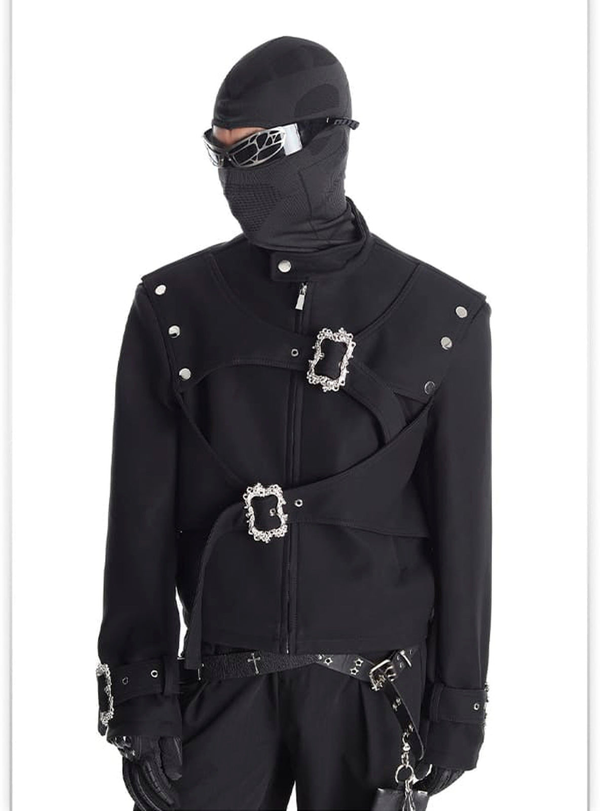 Gothic buckle jacket – on model, front, balaclava | XoKool