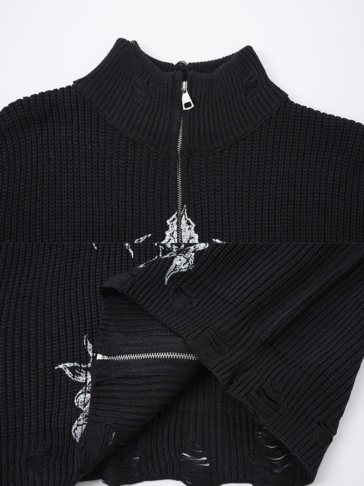 Gothic zip up sweater – Black, collar zip and hem close-up | XoKool