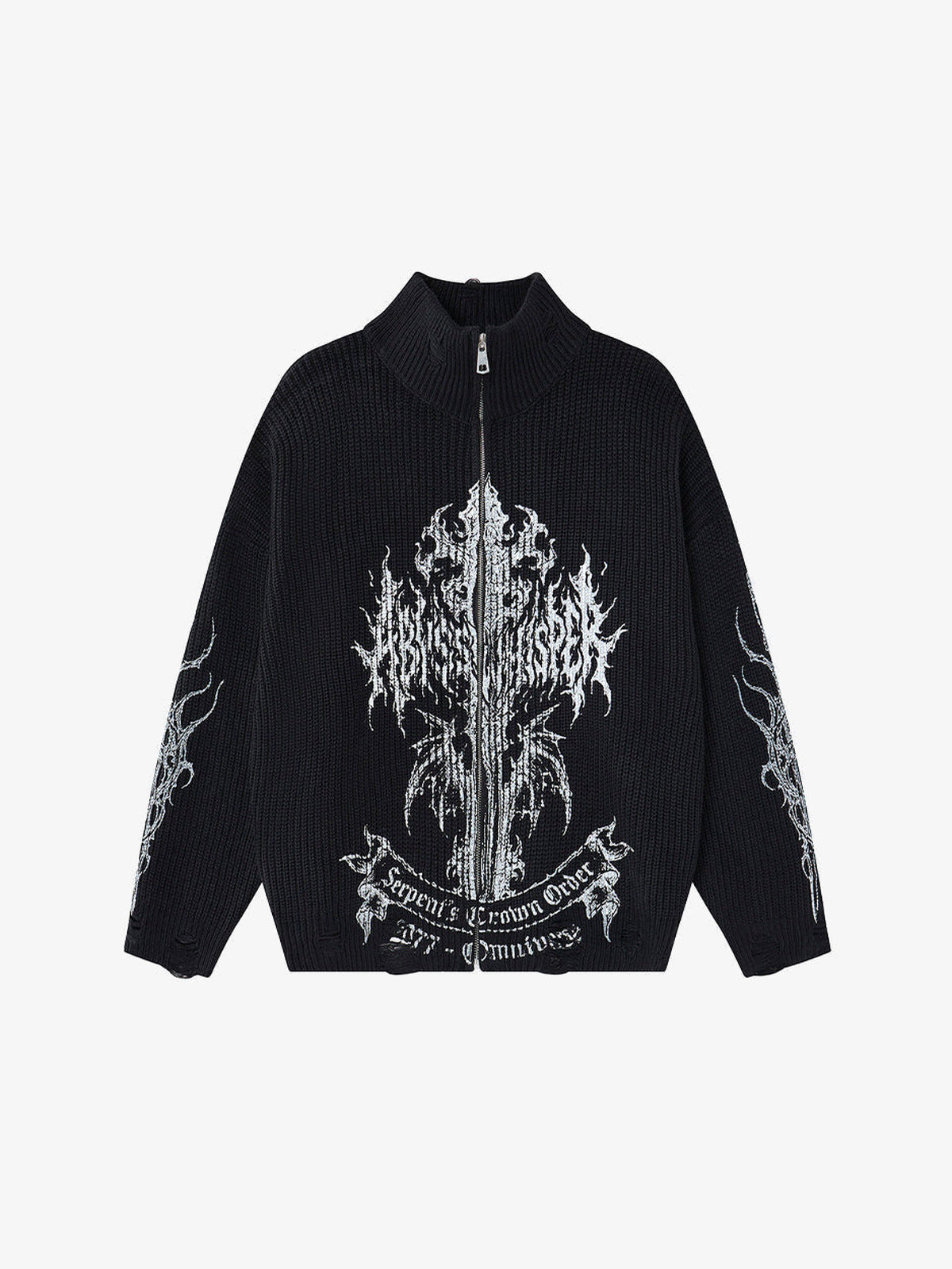 Gothic Cross Graphic Zip Up Knit Sweater – Black, front view | XoKool