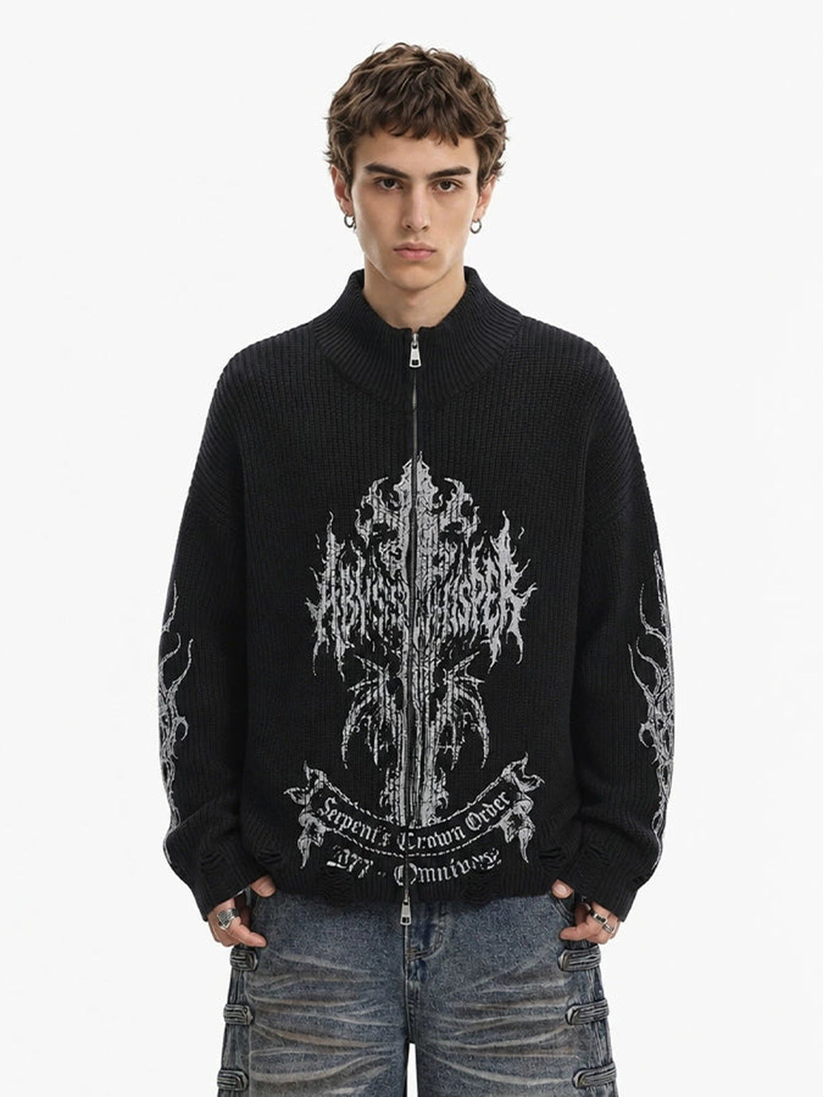 Gothic zip up sweater – Black, on model, front | XoKool