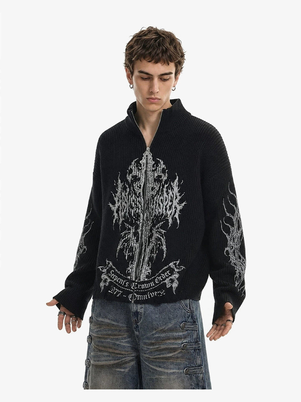 Gothic Cross Graphic Zip Up Knit Sweater – Black, on model, front | XoKool