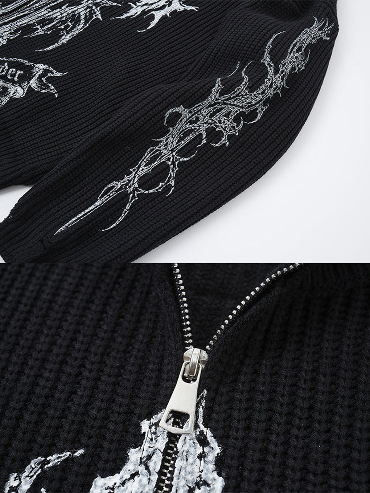 Gothic zip up sweater – Black, sleeve graphic and zip puller close-up | XoKool