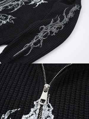 Gothic zip up sweater – Black, sleeve graphic and zip puller close-up | XoKool