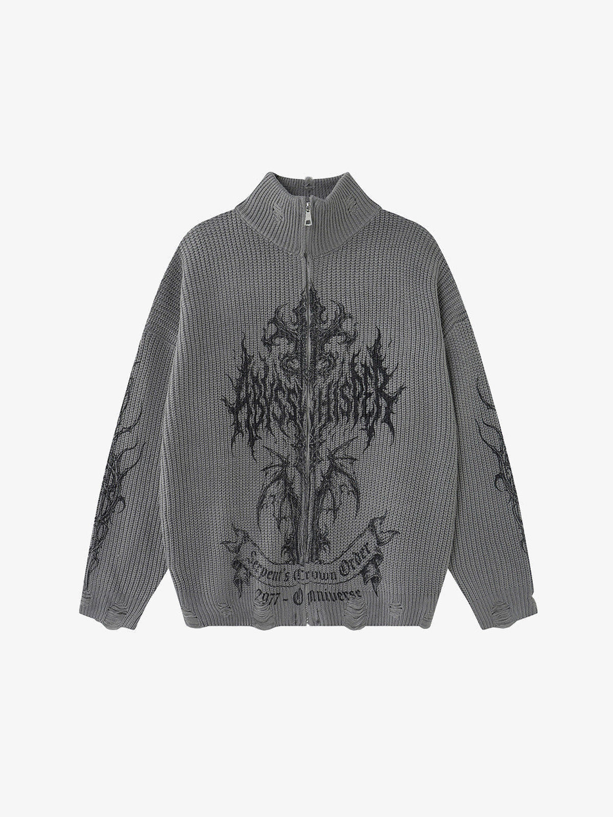 Gothic Cross Graphic Zip Up Knit Sweater – Grey, front view | XoKool