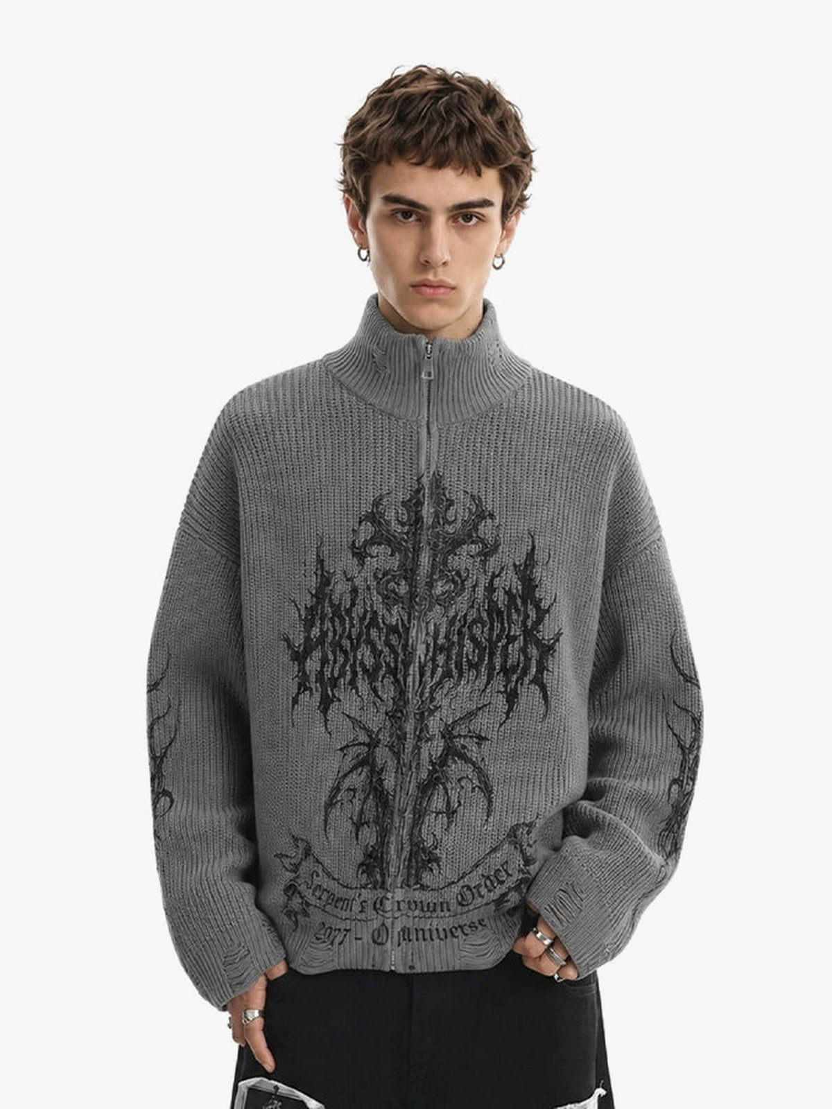 Gothic zip up sweater – Grey, on model, front | XoKool