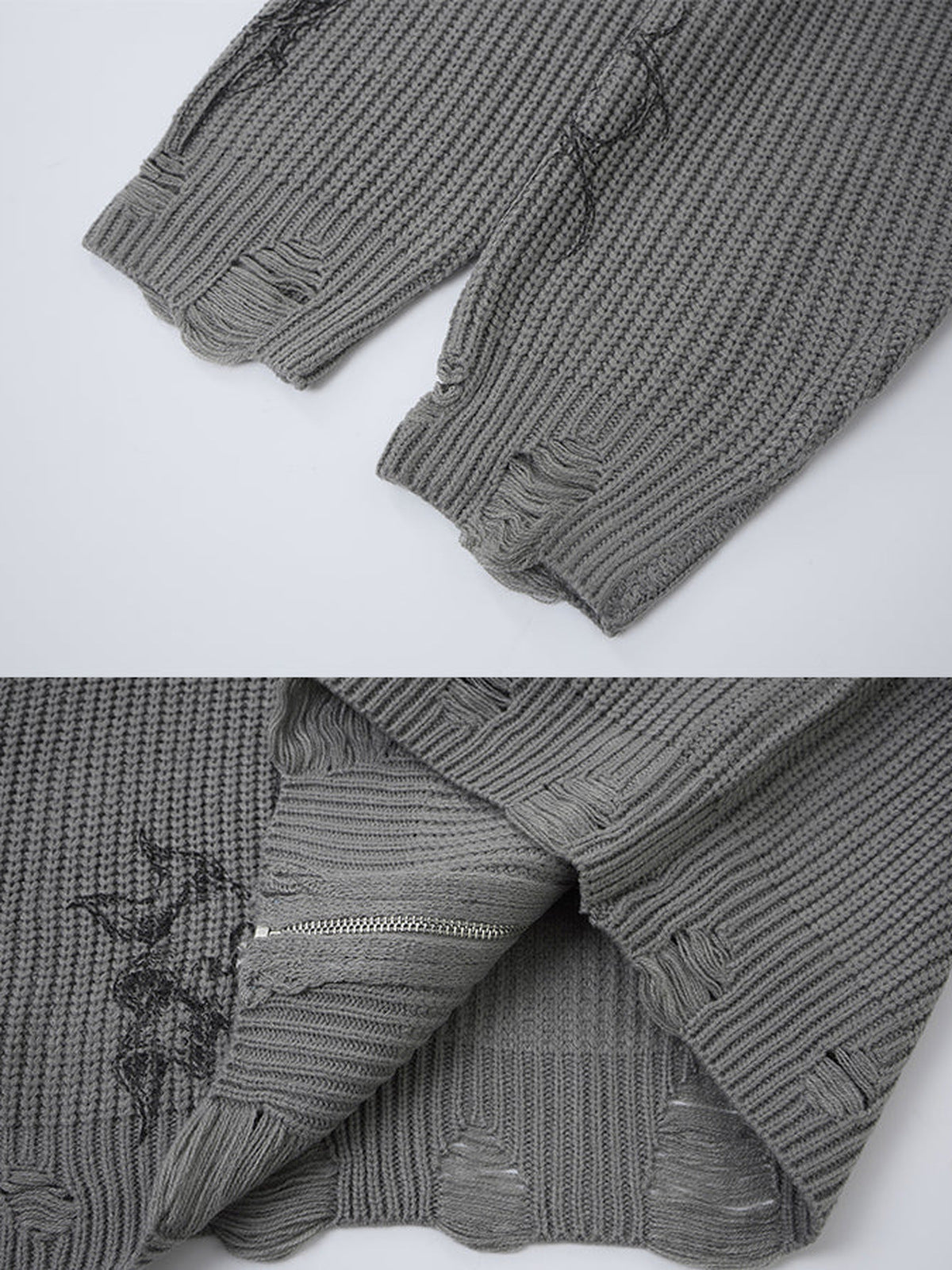 Gothic zip up sweater – Grey, sleeve cuff and hem distressing close-up | XoKool