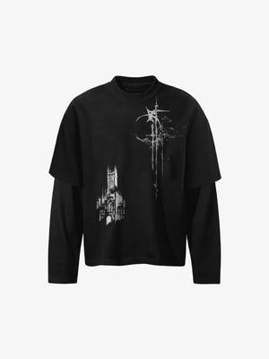 Gothic Cross Layered Long Sleeve Shirt – Black, front view | XoKool